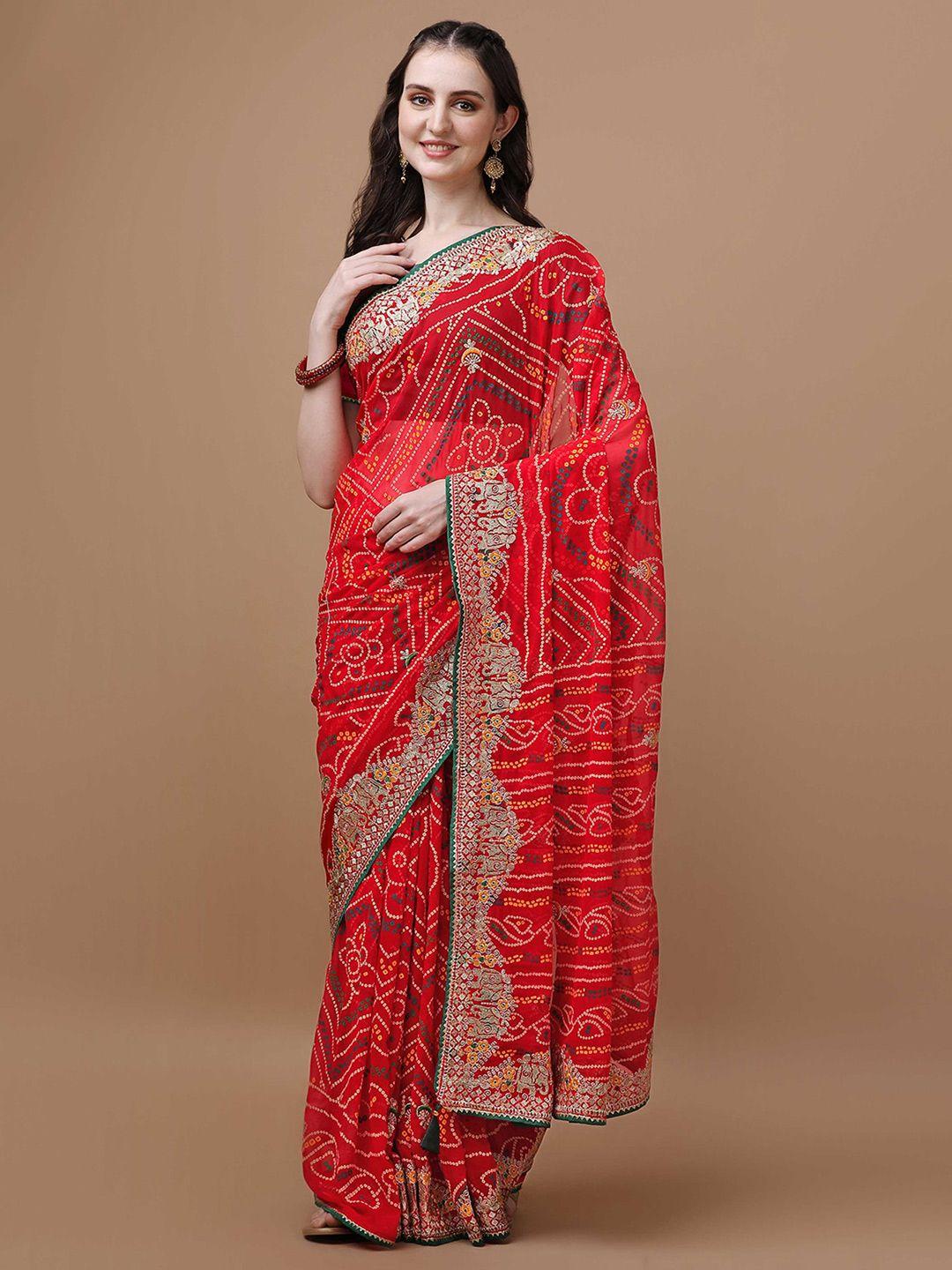 mitera red bandhani poly georgette designer bandhani saree