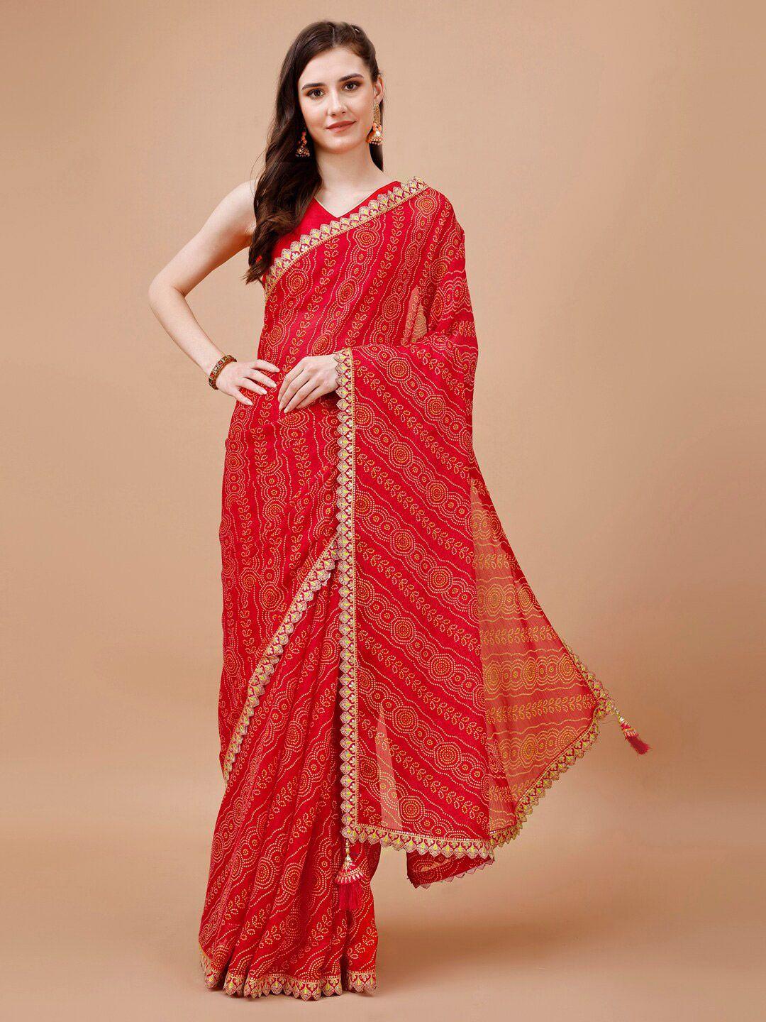 mitera red bandhani printed embroidered pure chiffon saree