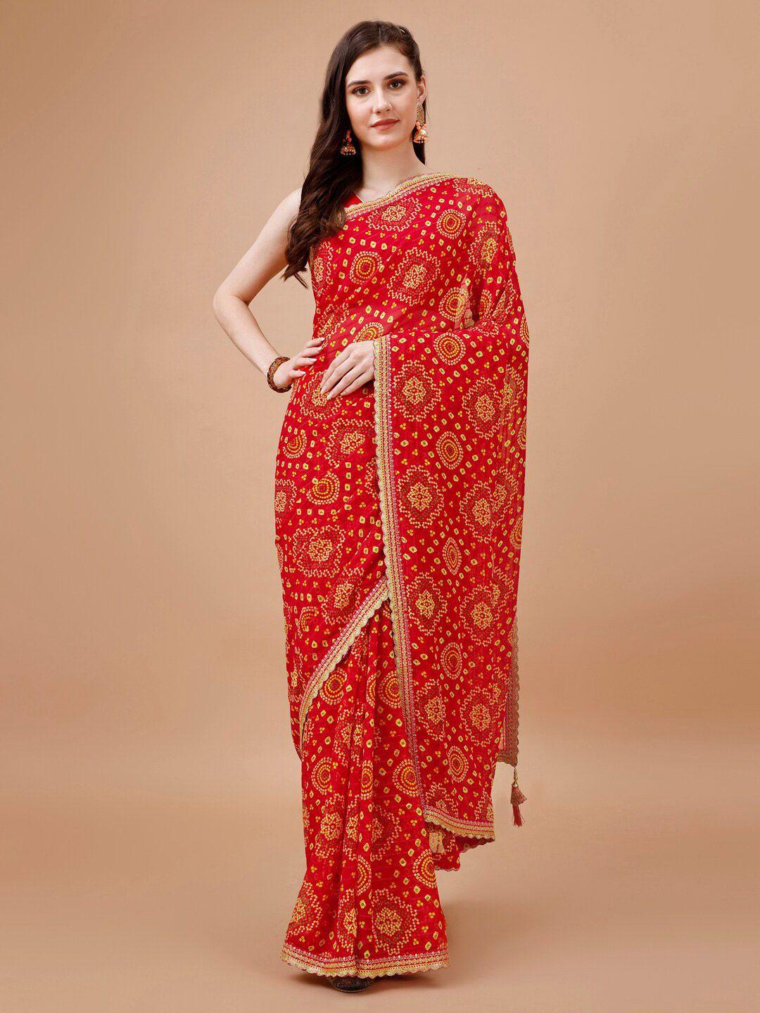 mitera red bandhani printed embroidered pure georgette saree