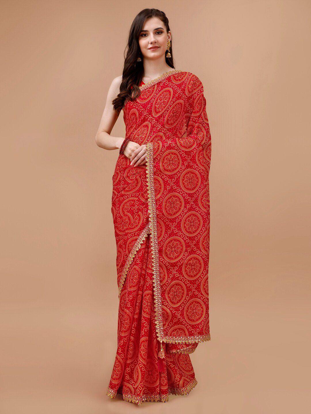 mitera red bandhani printed saree