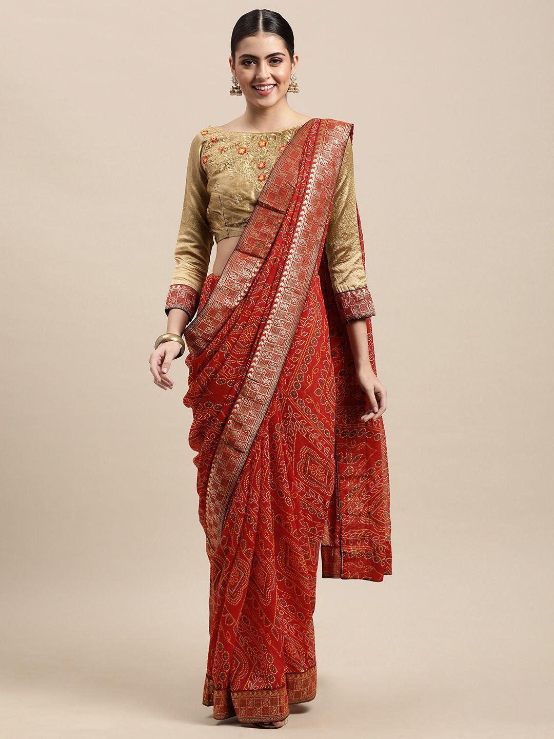 mitera red bandhani pure georgette bandhani saree