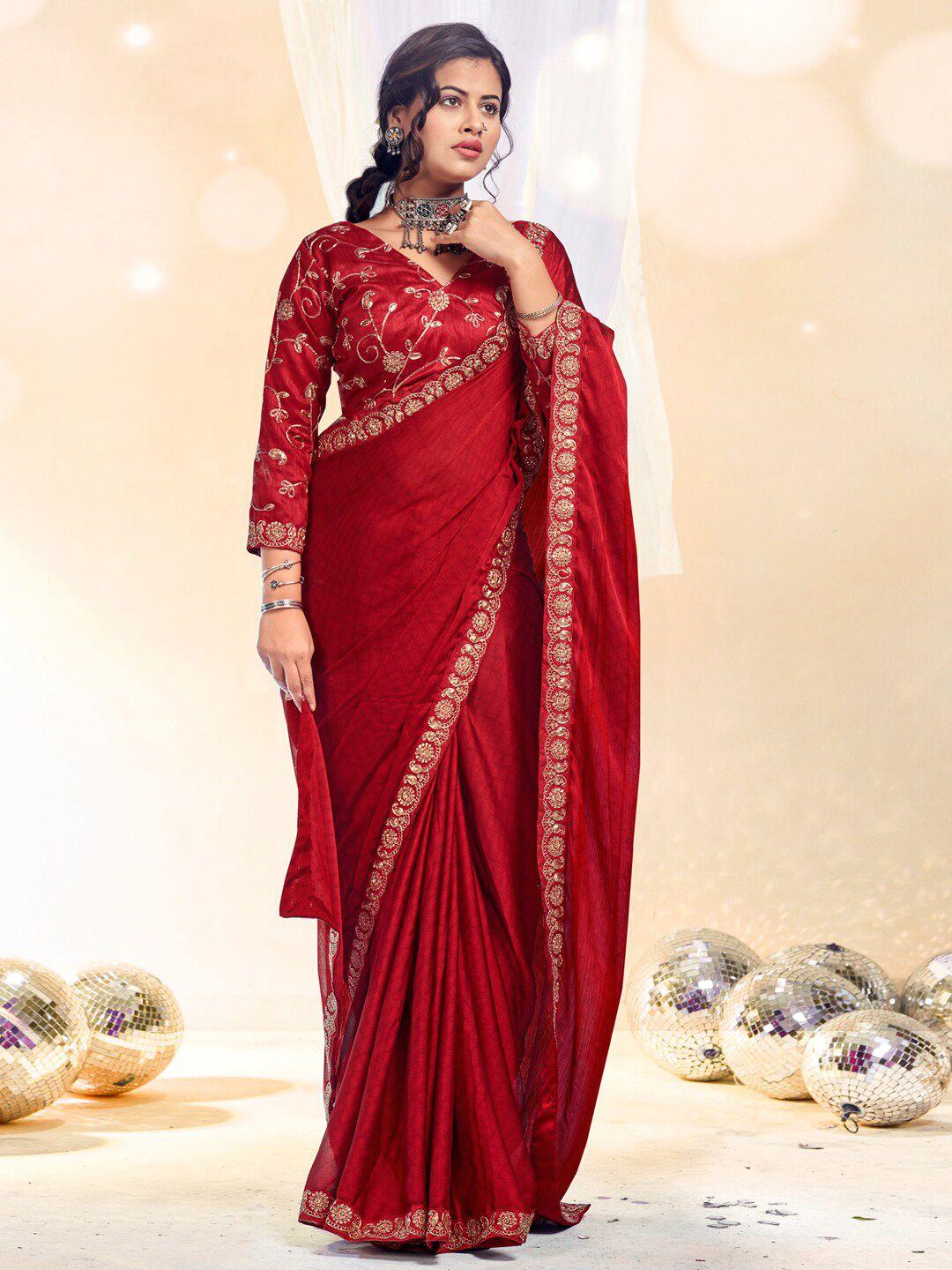 mitera red checked embroidered pure chiffon saree