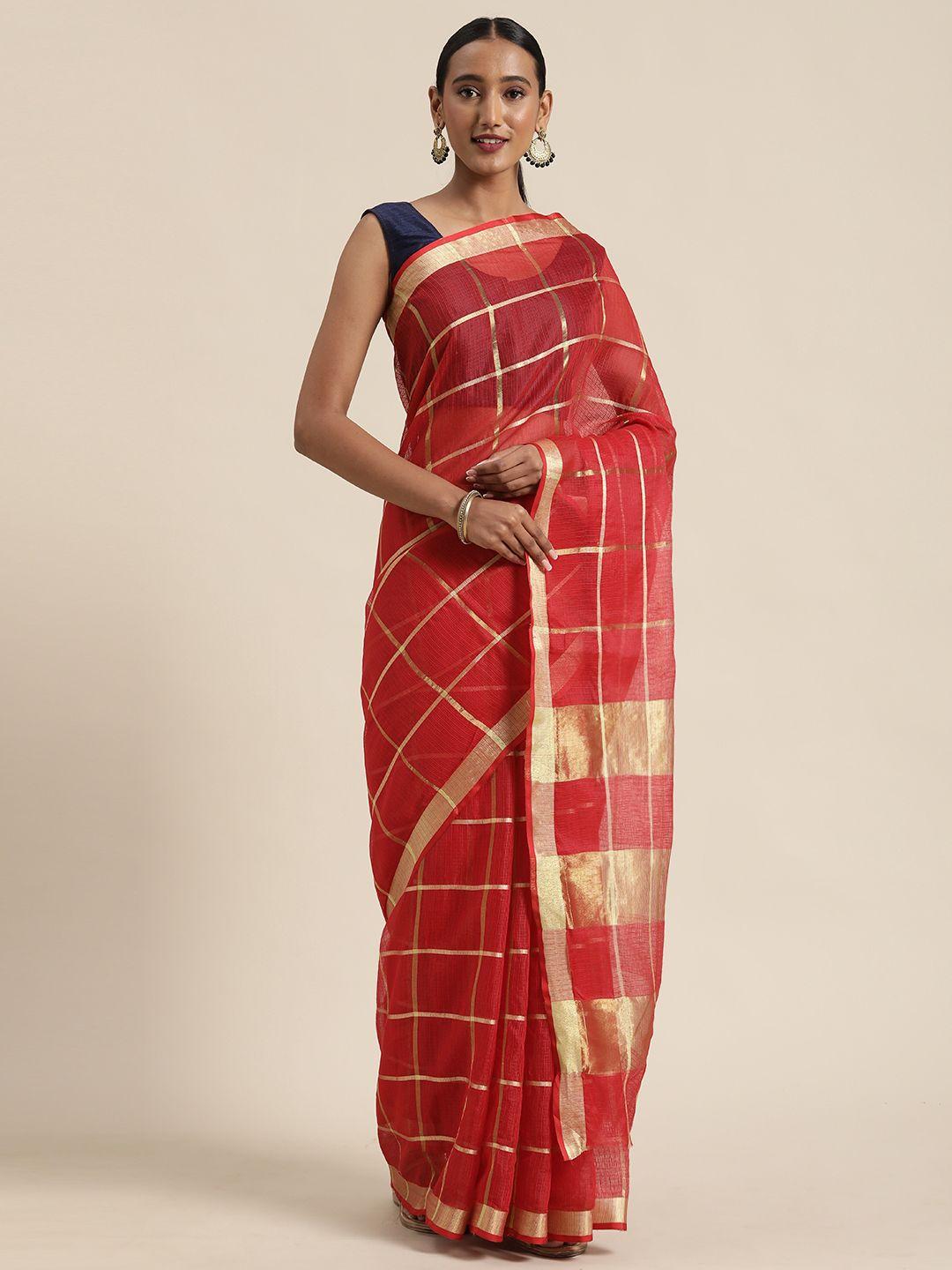 mitera red checked jute cotton saree