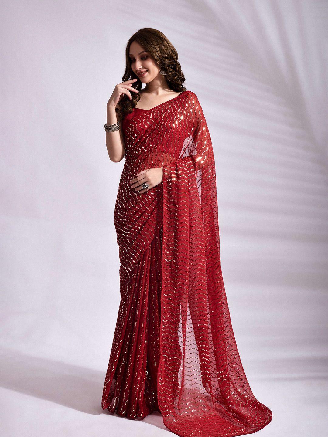 mitera red embellished sequinned pure georgette saree