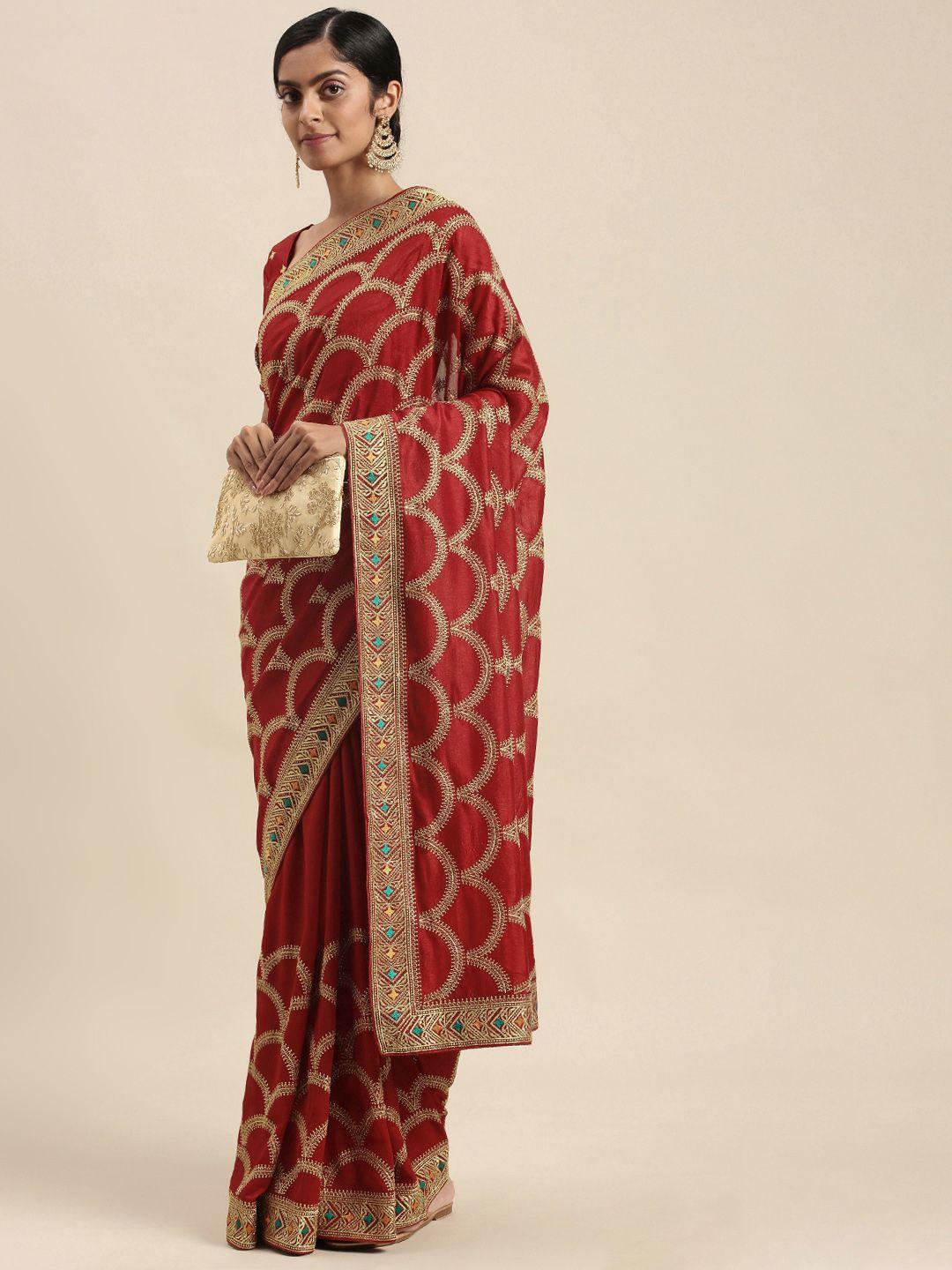 mitera red embroidered silk blend saree