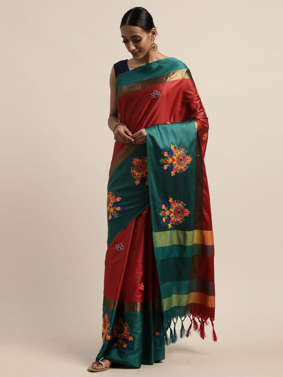 mitera red embroidered silk cotton saree