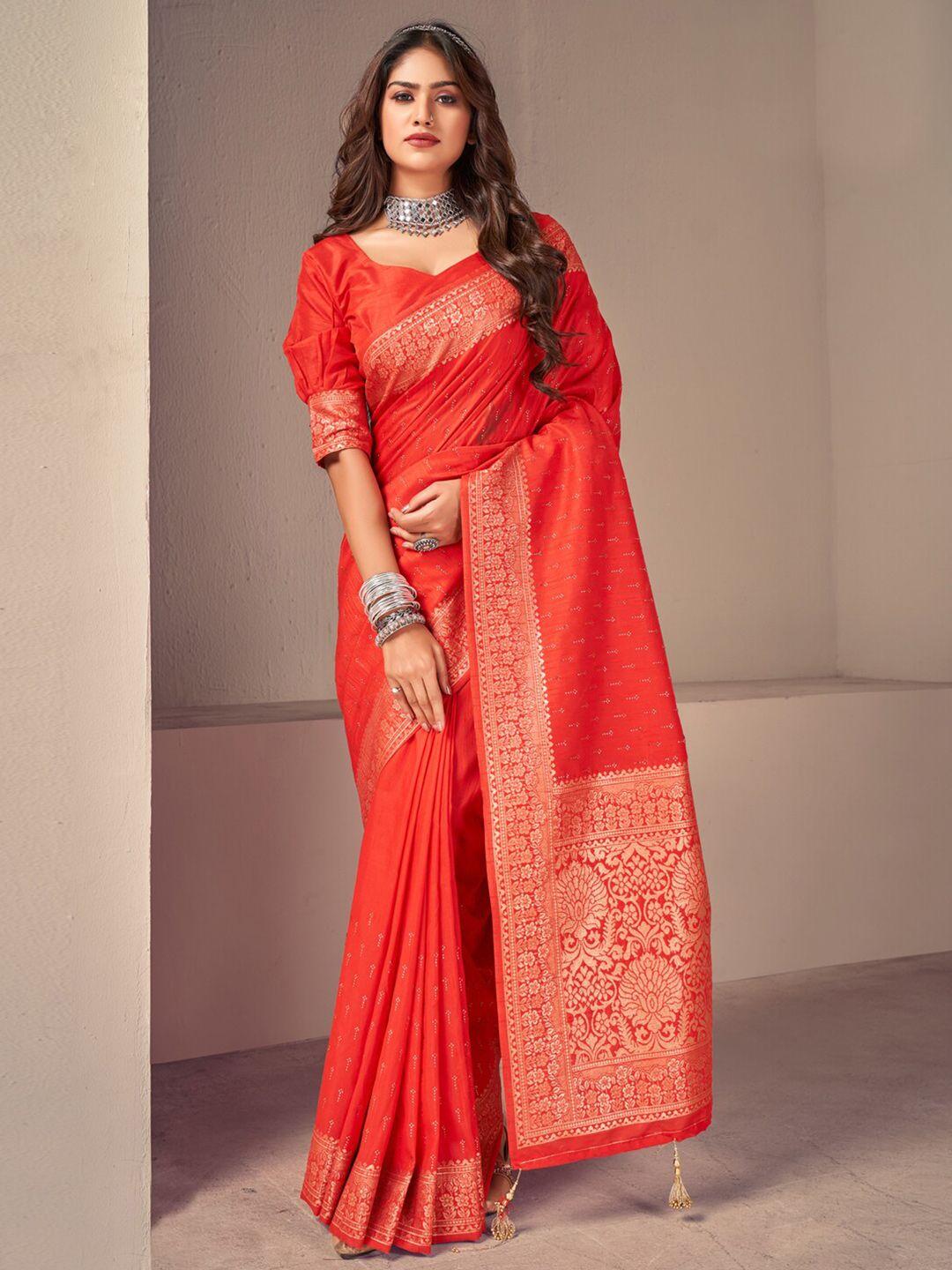 mitera red ethnic motifs woven design zari banarasi saree