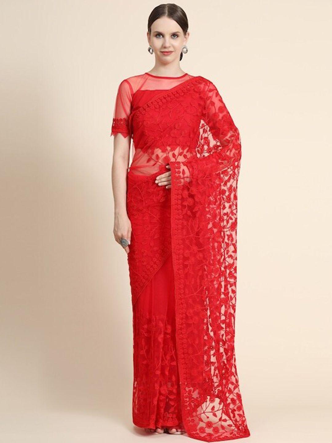 mitera red floral embroidered net saree