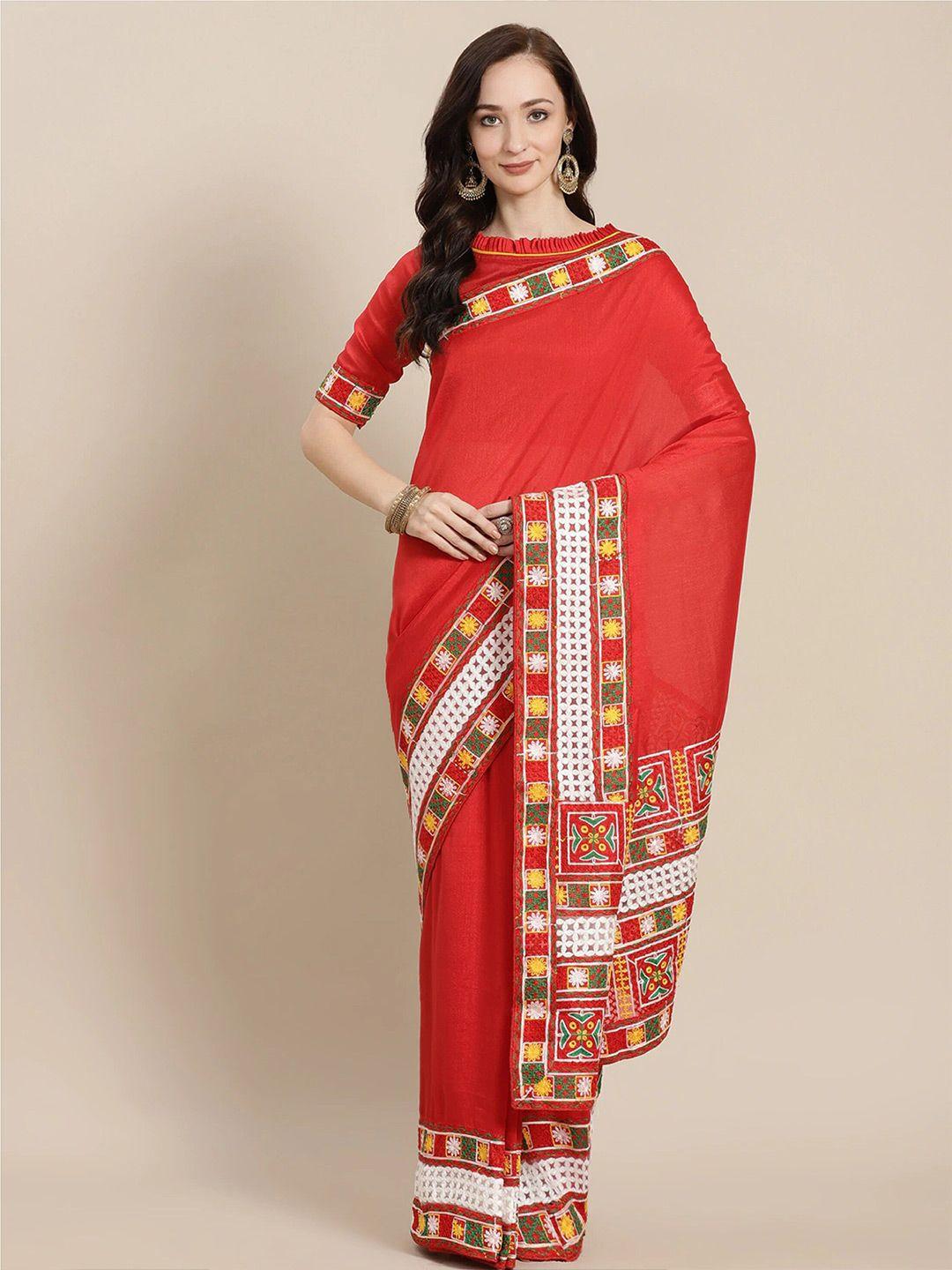 mitera red geometric kutchi embroidered silk blend saree