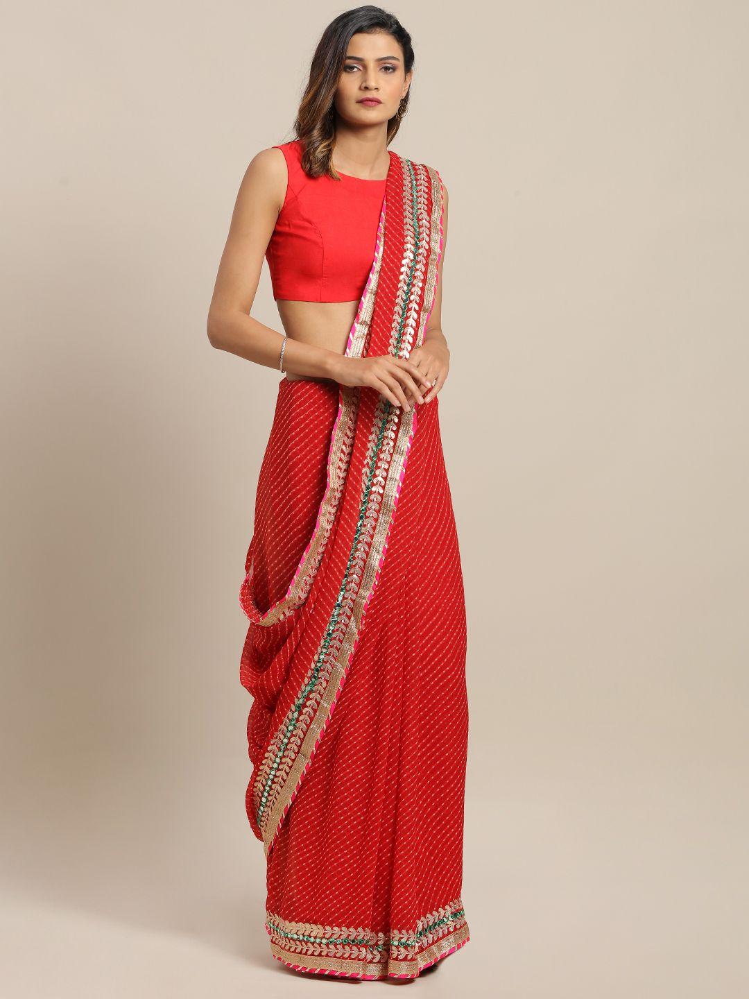 mitera red hand embellished georgette saree