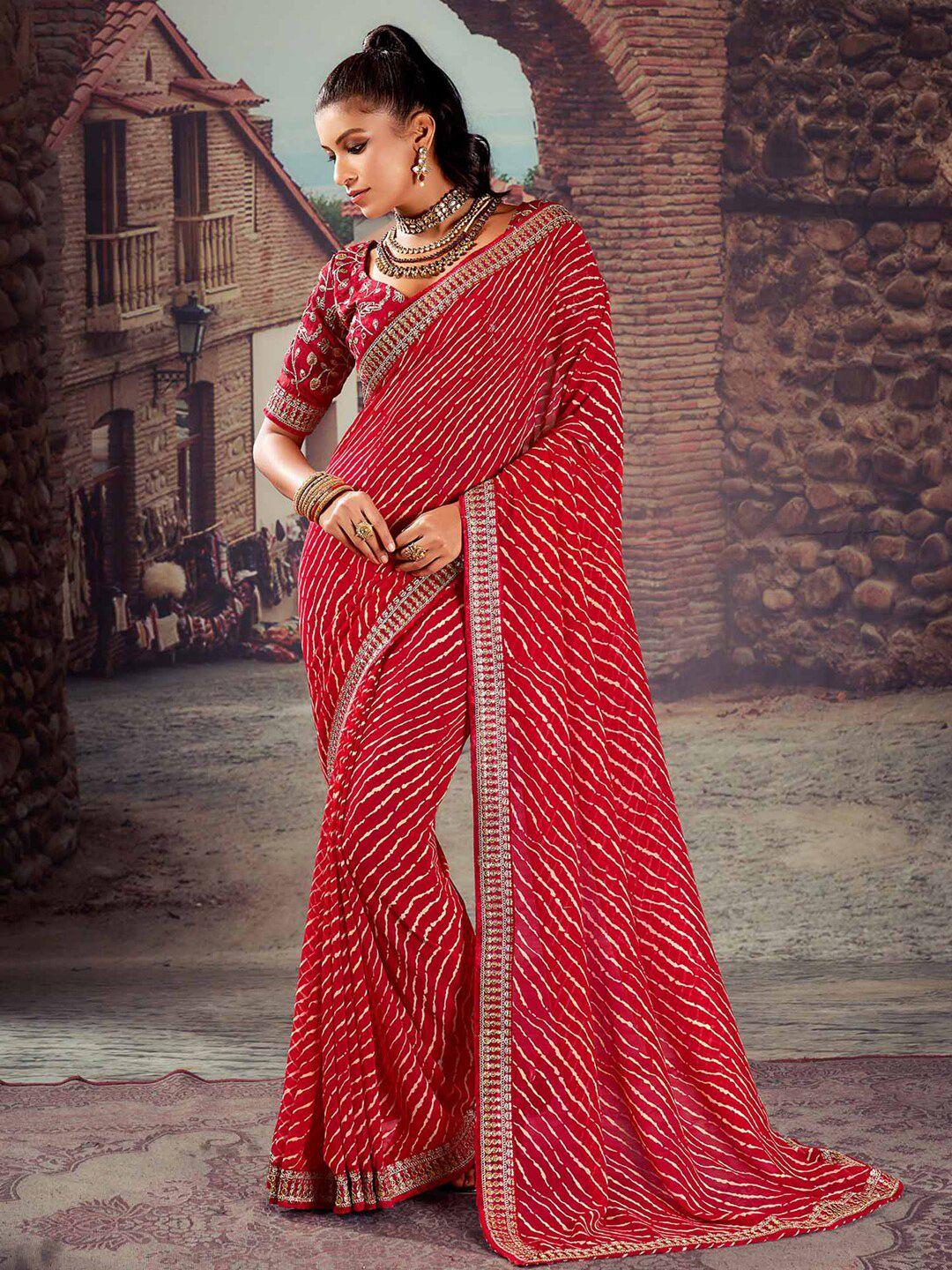 mitera red leheriya sequinned pure georgette designer leheriya saree