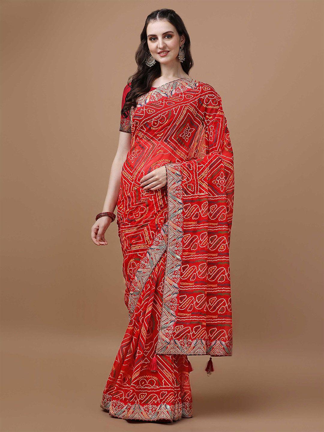 mitera red printed bandhani saree