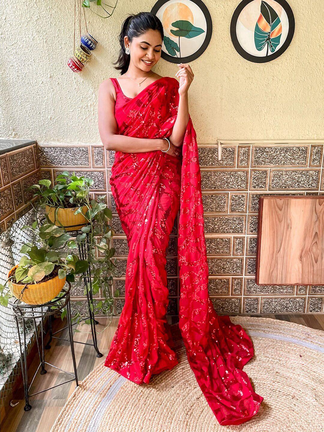 mitera red sequinned embellished georgette saree