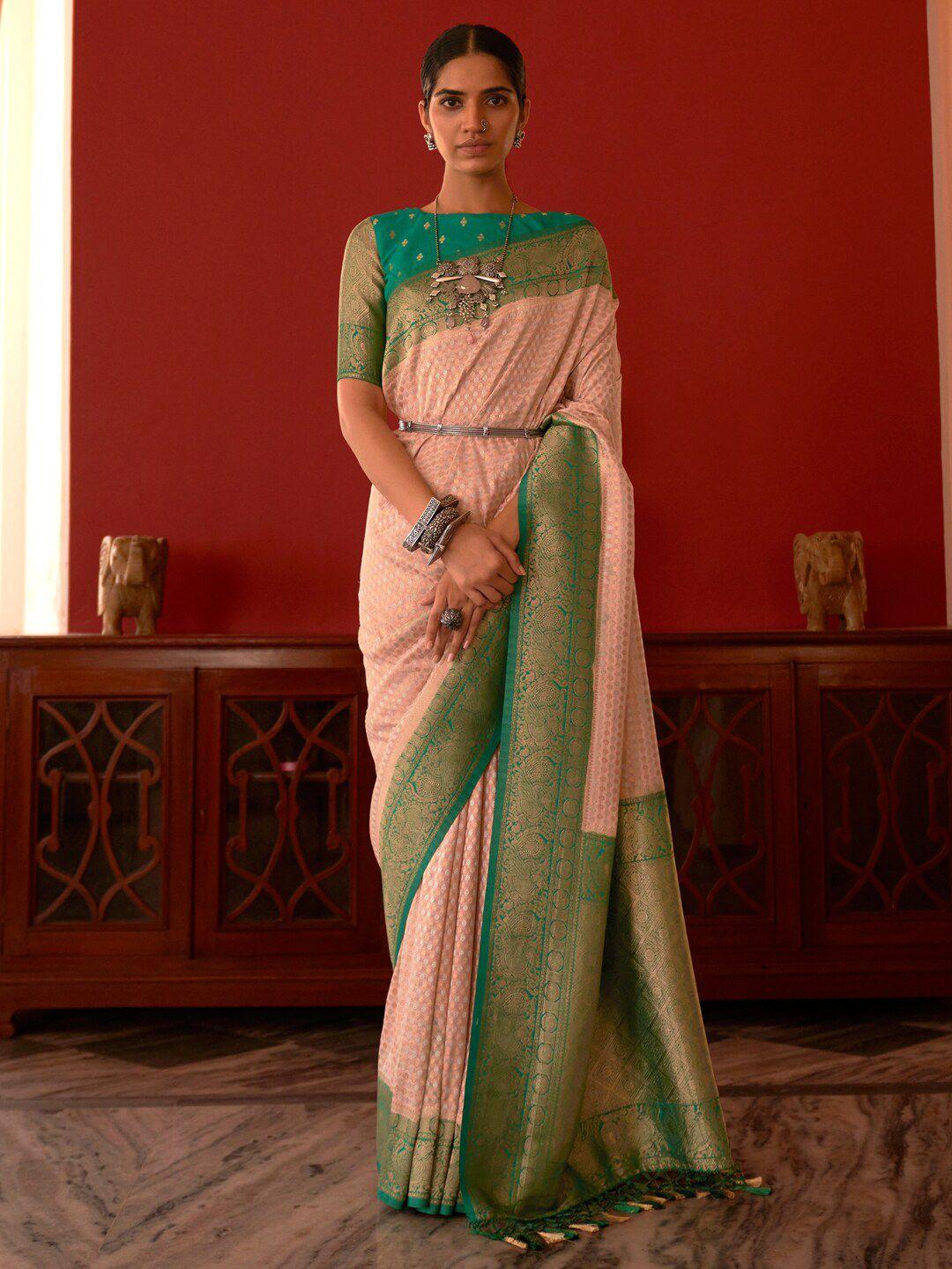 mitera rose gold & green floral woven design zari silk blend kanjeevaram saree