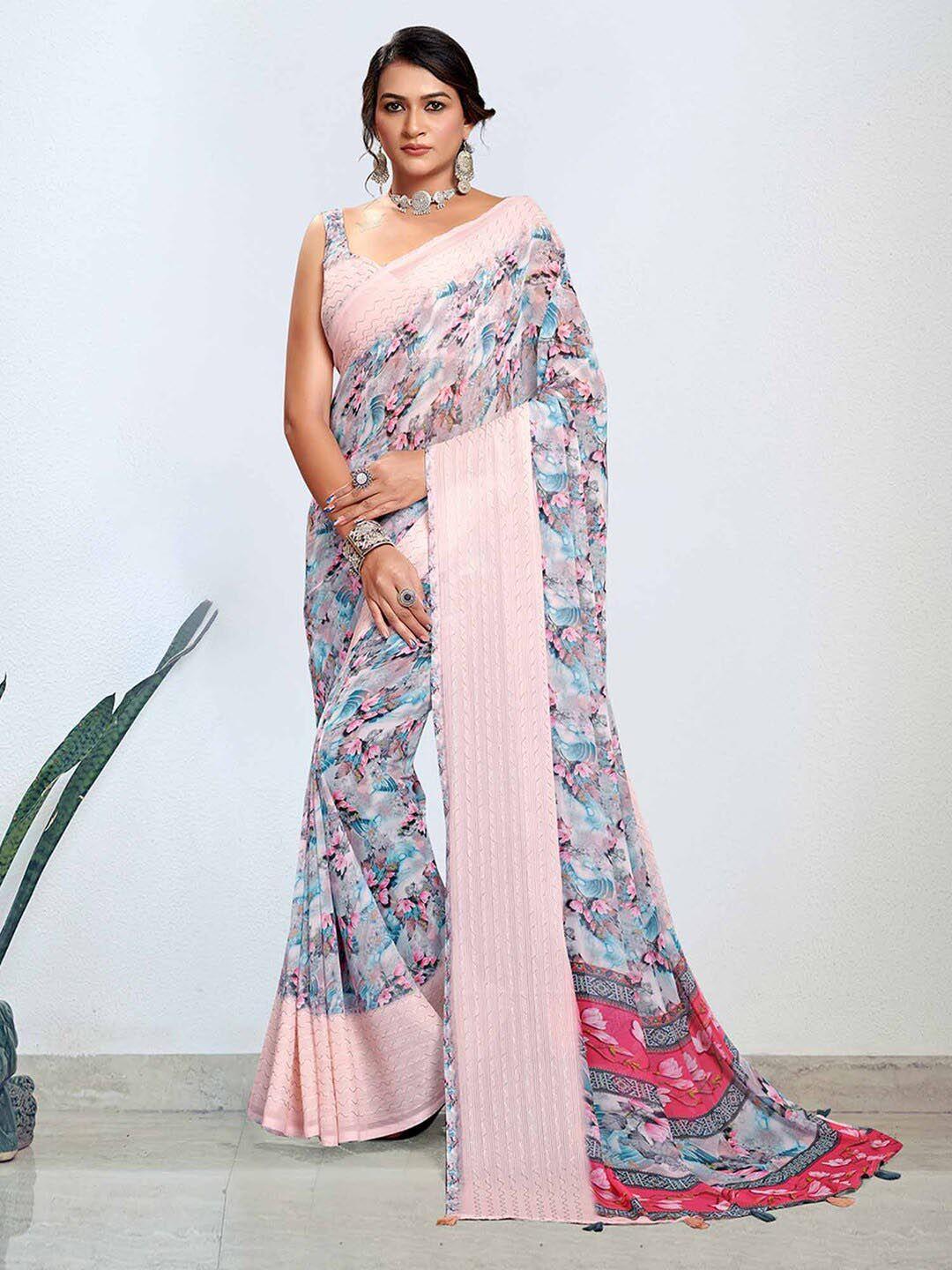 mitera rose gold & grey floral embroidered pure georgette designer bagh saree