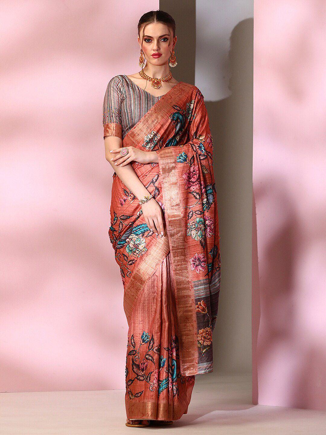 mitera rust & blue floral printed zari embroidered detail saree