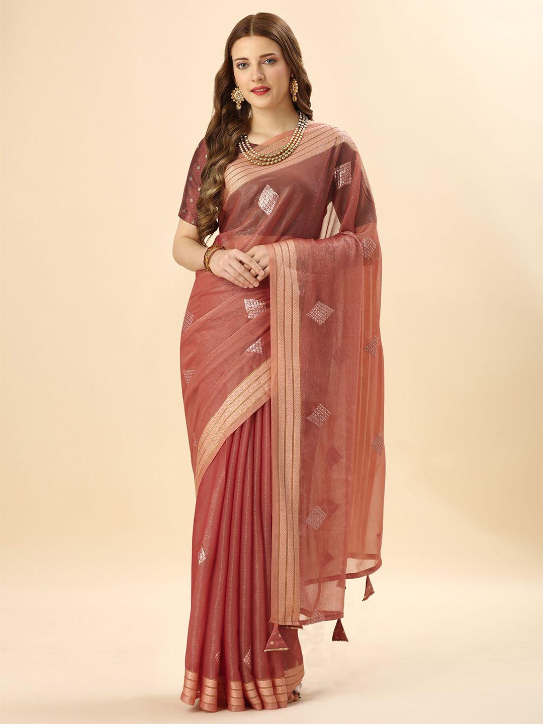 mitera rust & gold-toned sequin embellished pure chiffon saree