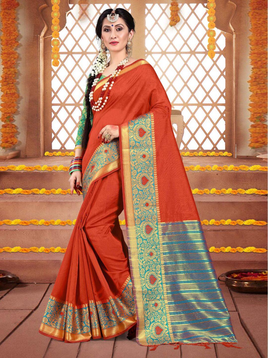 mitera rust & green woven design zari pure cotton saree