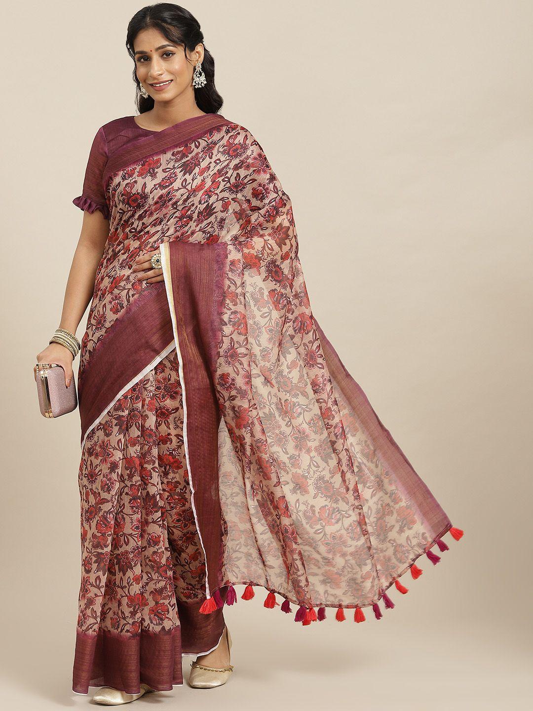 mitera rust brown & beige floral linen blend block print saree