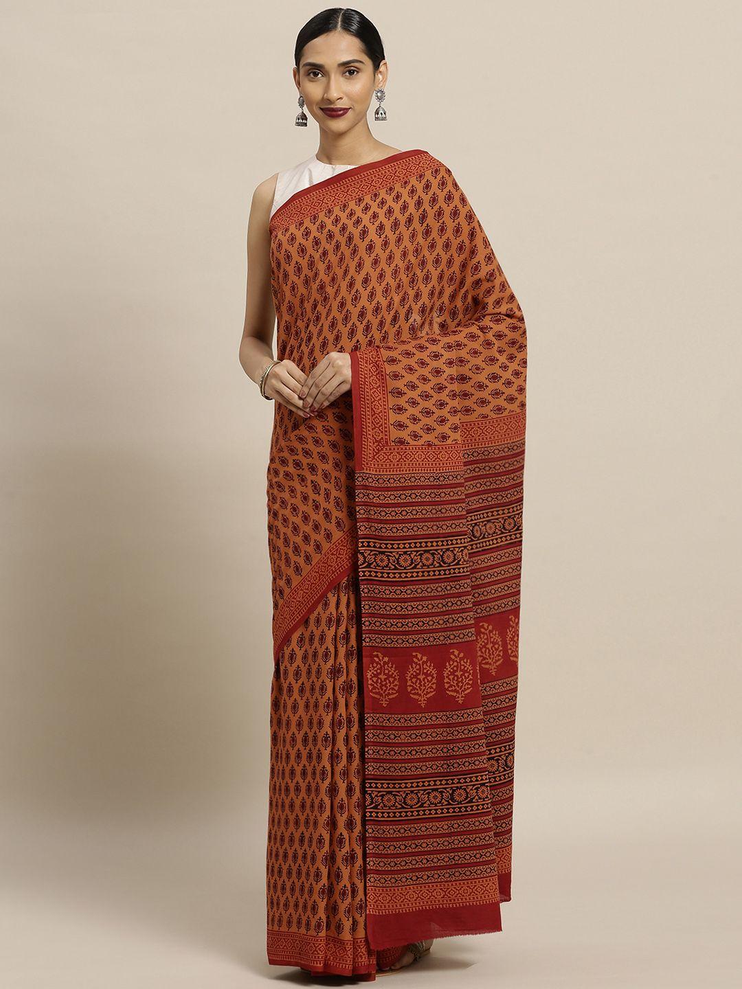 mitera rust orange & black pure cotton printed saree