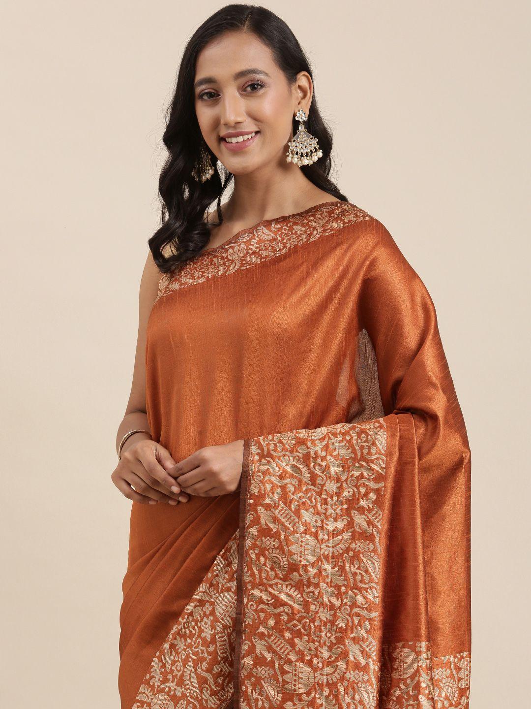 mitera rust orange solid handloom saree