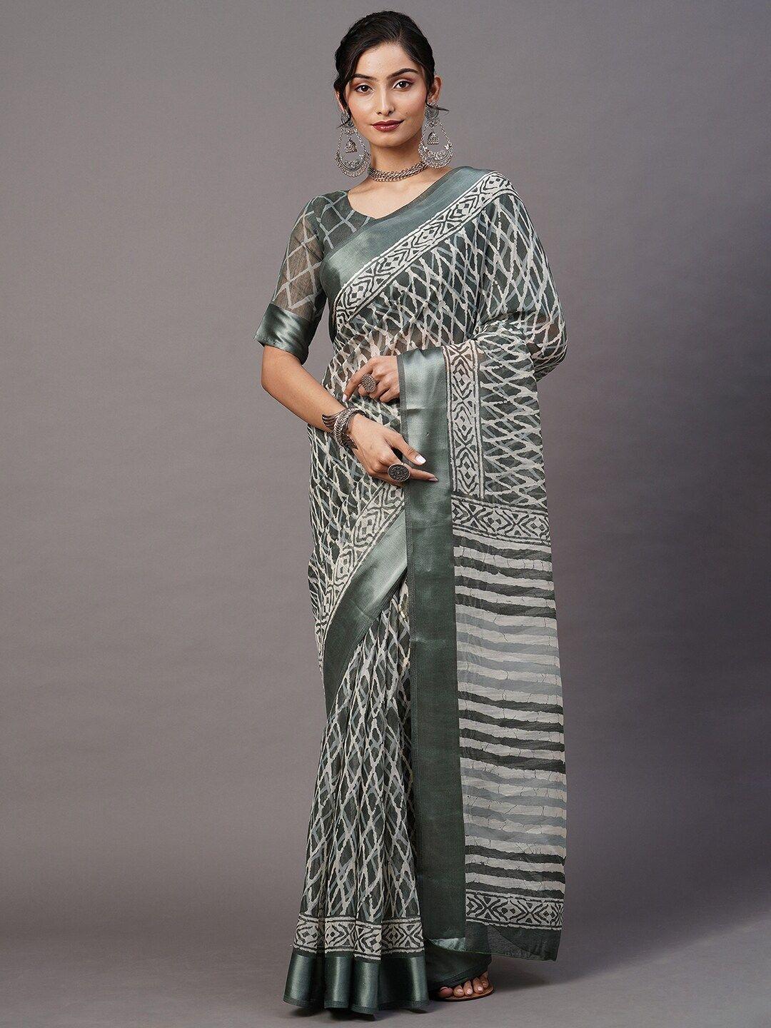 mitera sage green & white ikat cotton blend saree