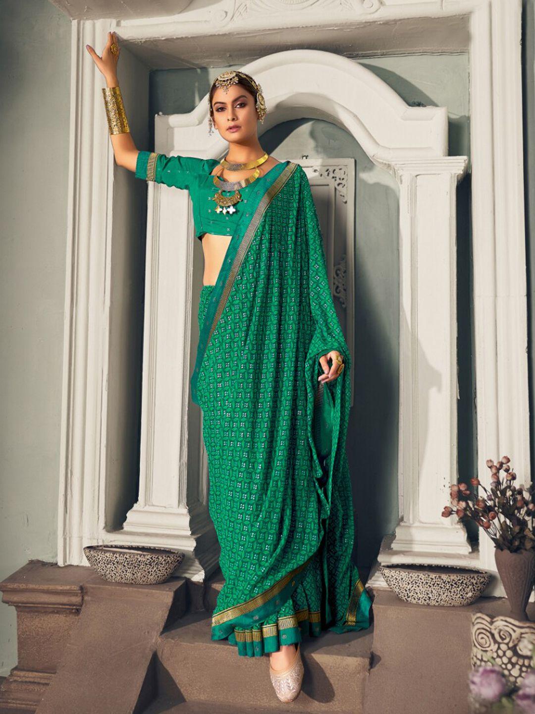 mitera sea green & beige ethnic motifs printed block print saree