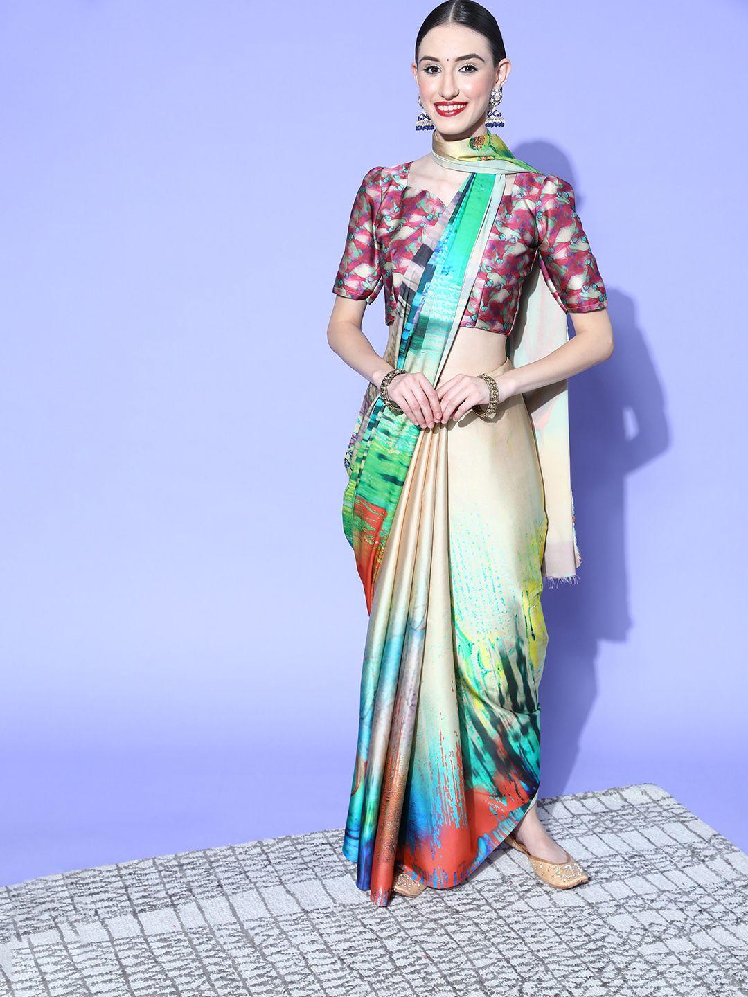 mitera sea green & cream-coloured satin saree