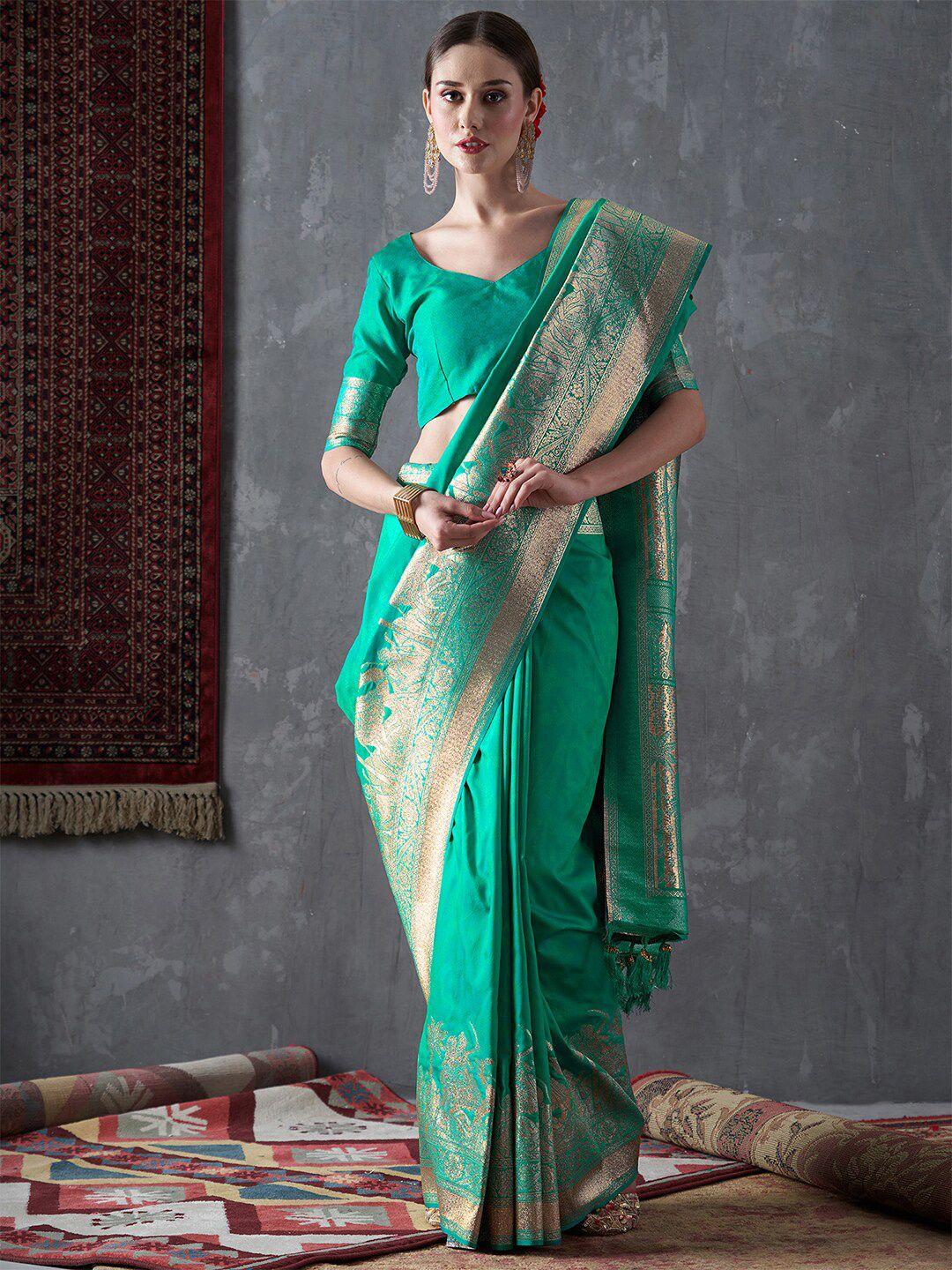 mitera sea green & gold-toned ethnic motifs printed saree