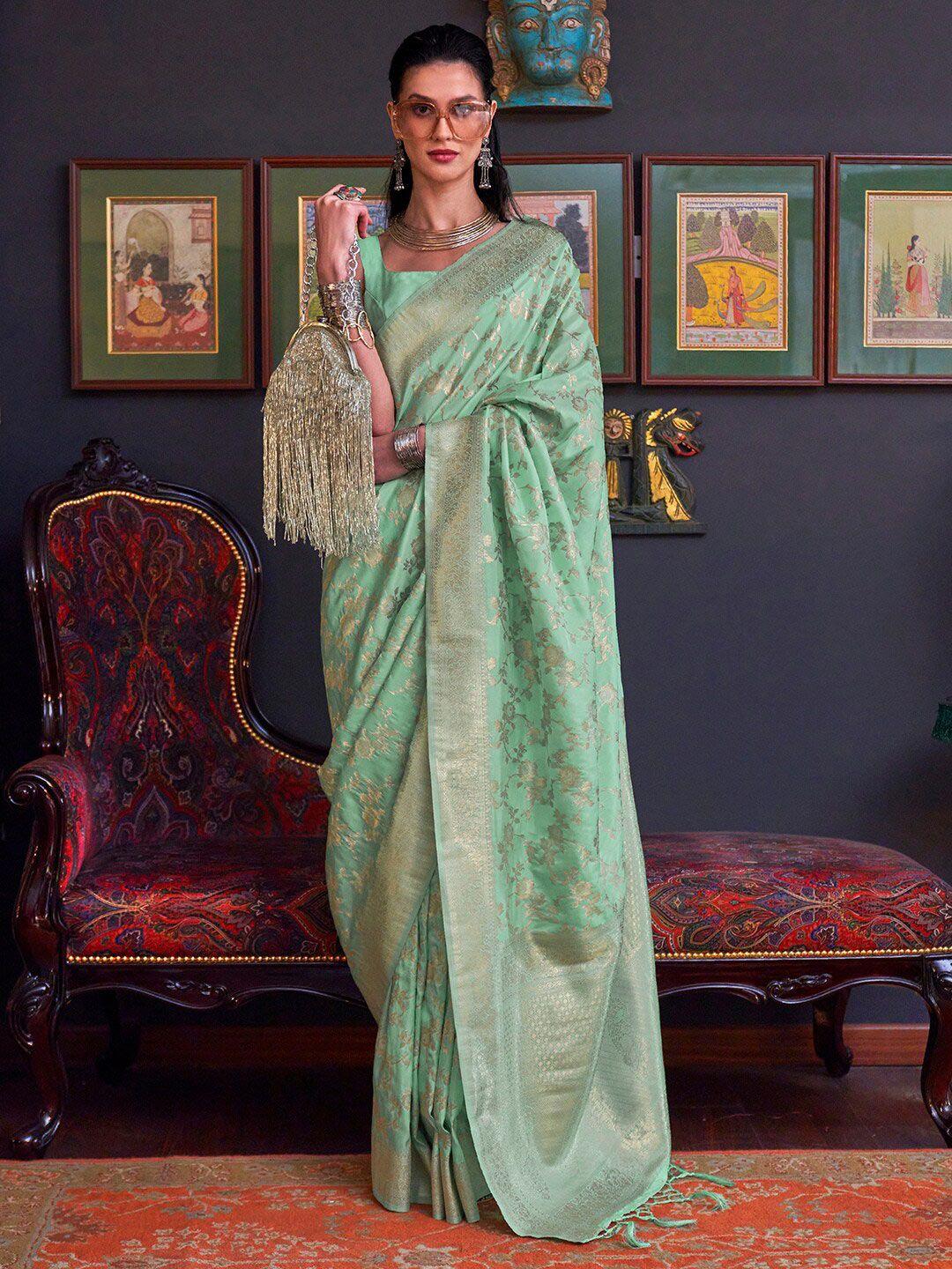 mitera sea green & gold-toned ethnic motifs silk blend banarasi saree