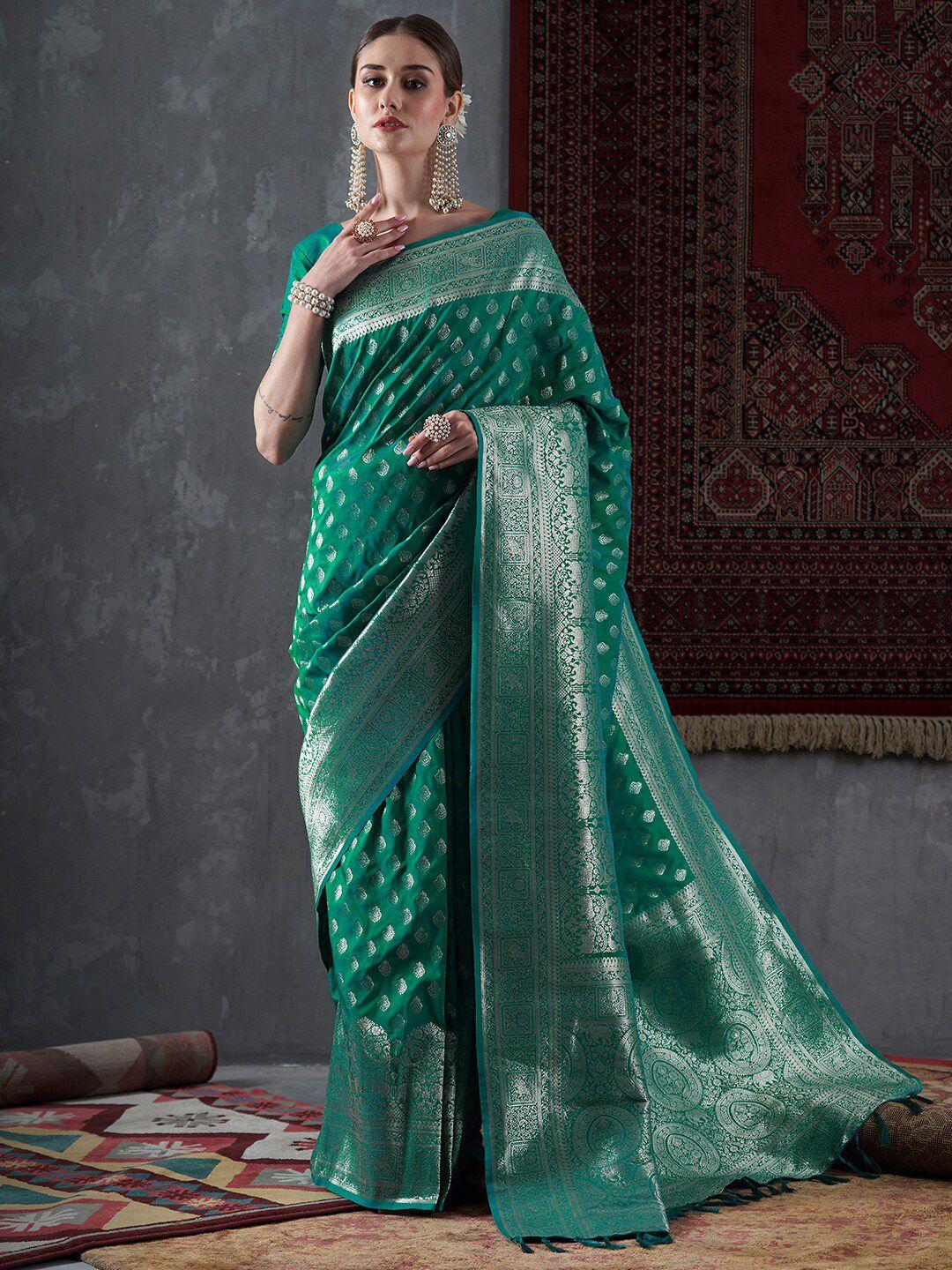 mitera sea green & gold-toned ethnic motifs woven design zari silk blend banarasi saree