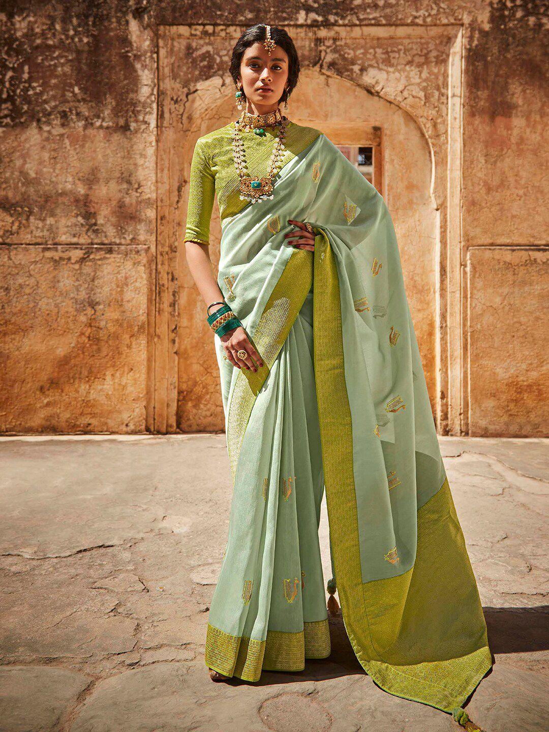mitera sea green & gold-toned ethnic motifs zari silk blend banarasi saree