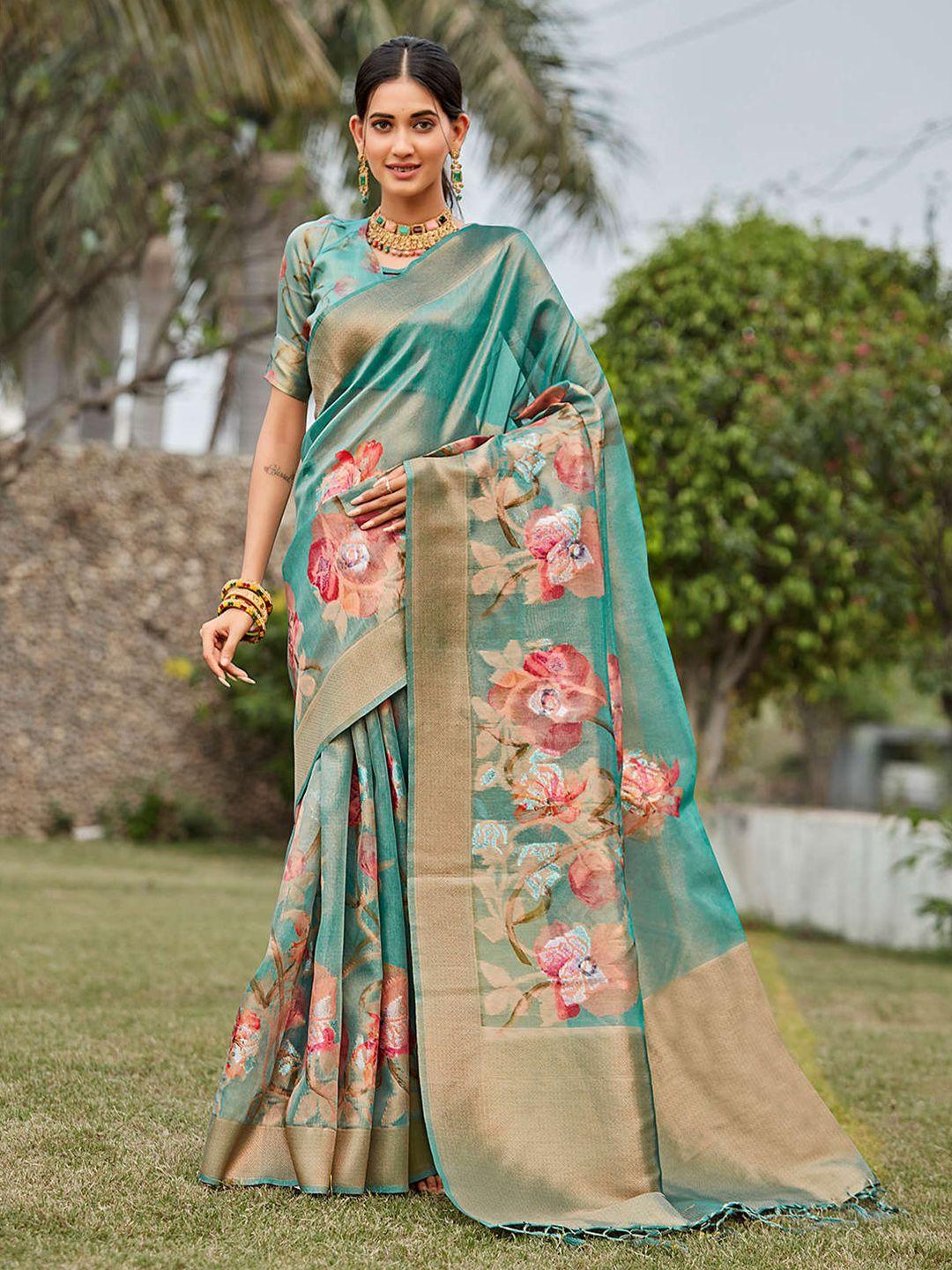 mitera sea green & gold-toned floral printed zari tissue saree