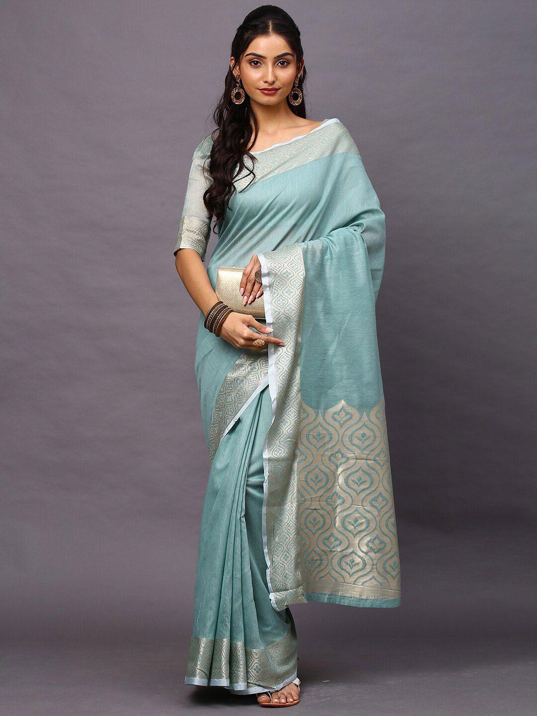 mitera sea green & gold-toned linen blend taant saree