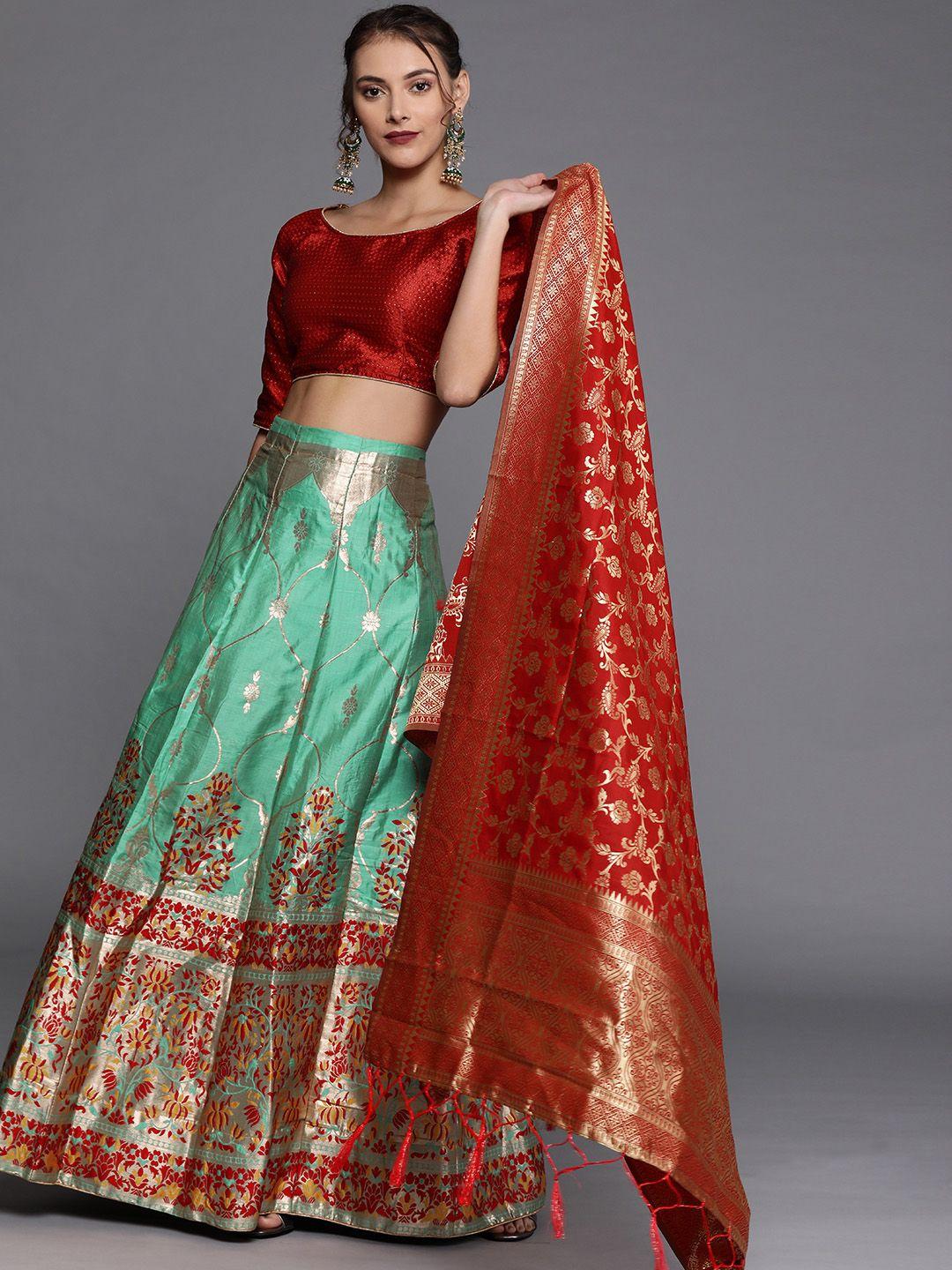 mitera sea green & gold-toned woven design semi-stitched lehenga choli