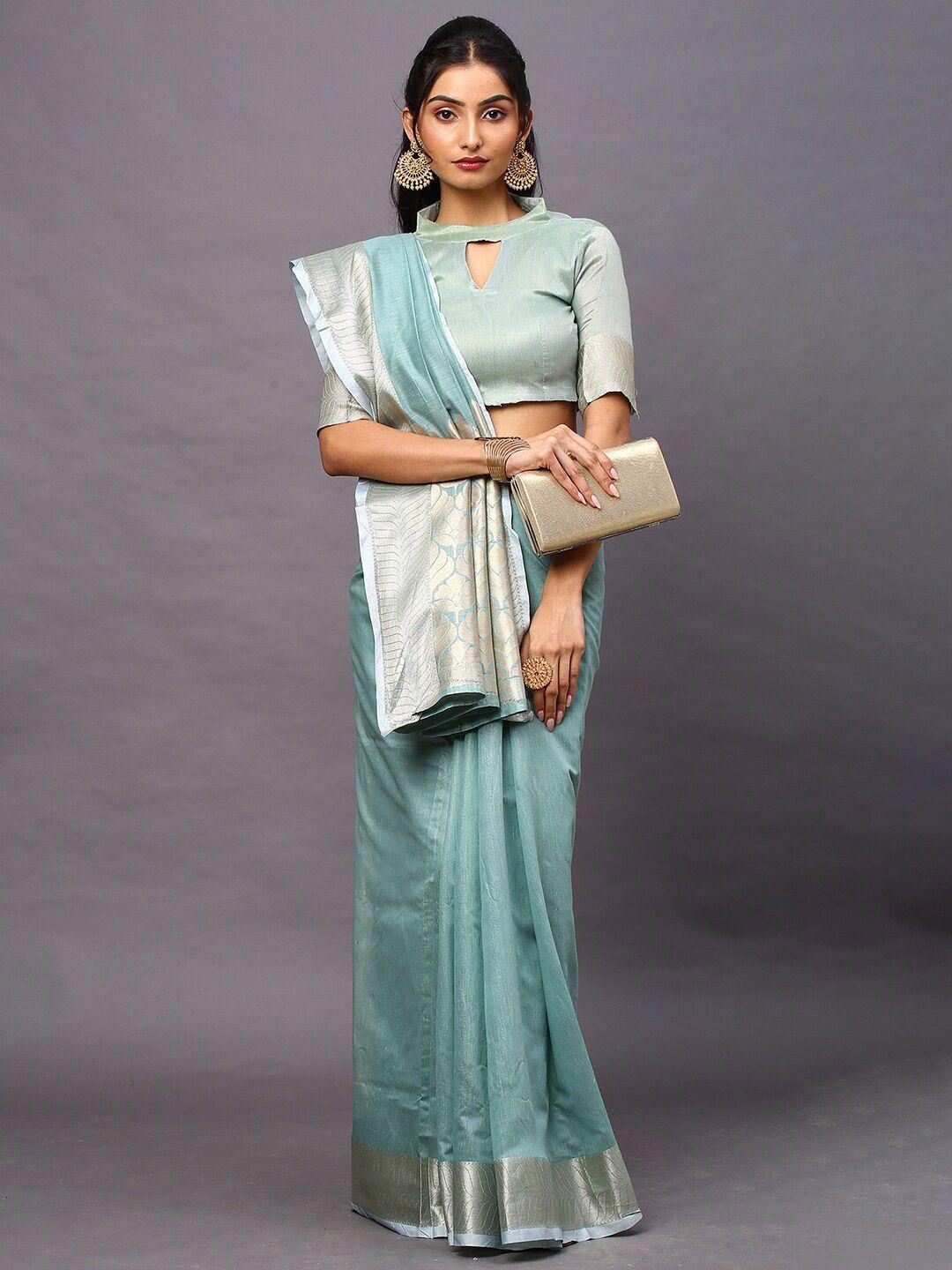 mitera sea green & gold-toned woven design zari linen blend taant saree