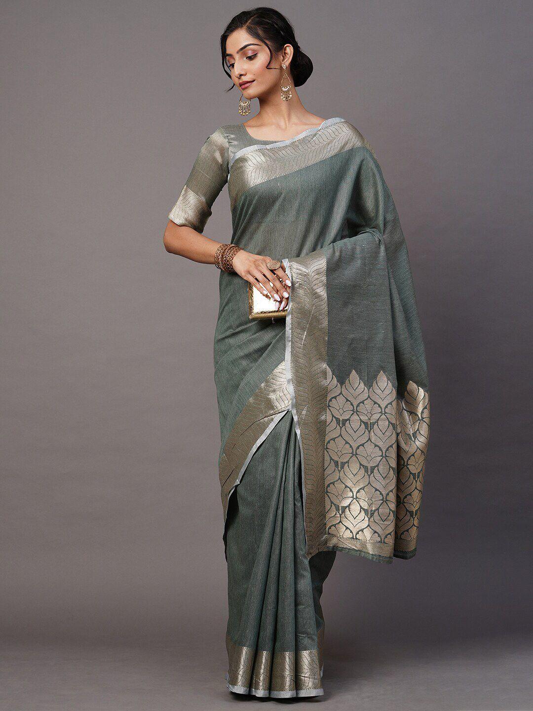 mitera sea green & gold-toned woven design zari linen blend taant saree