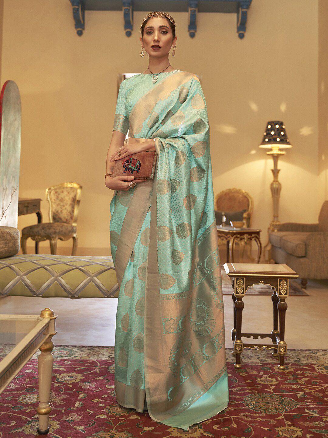 mitera sea green & gold-toned woven design zari silk blend banarasi saree