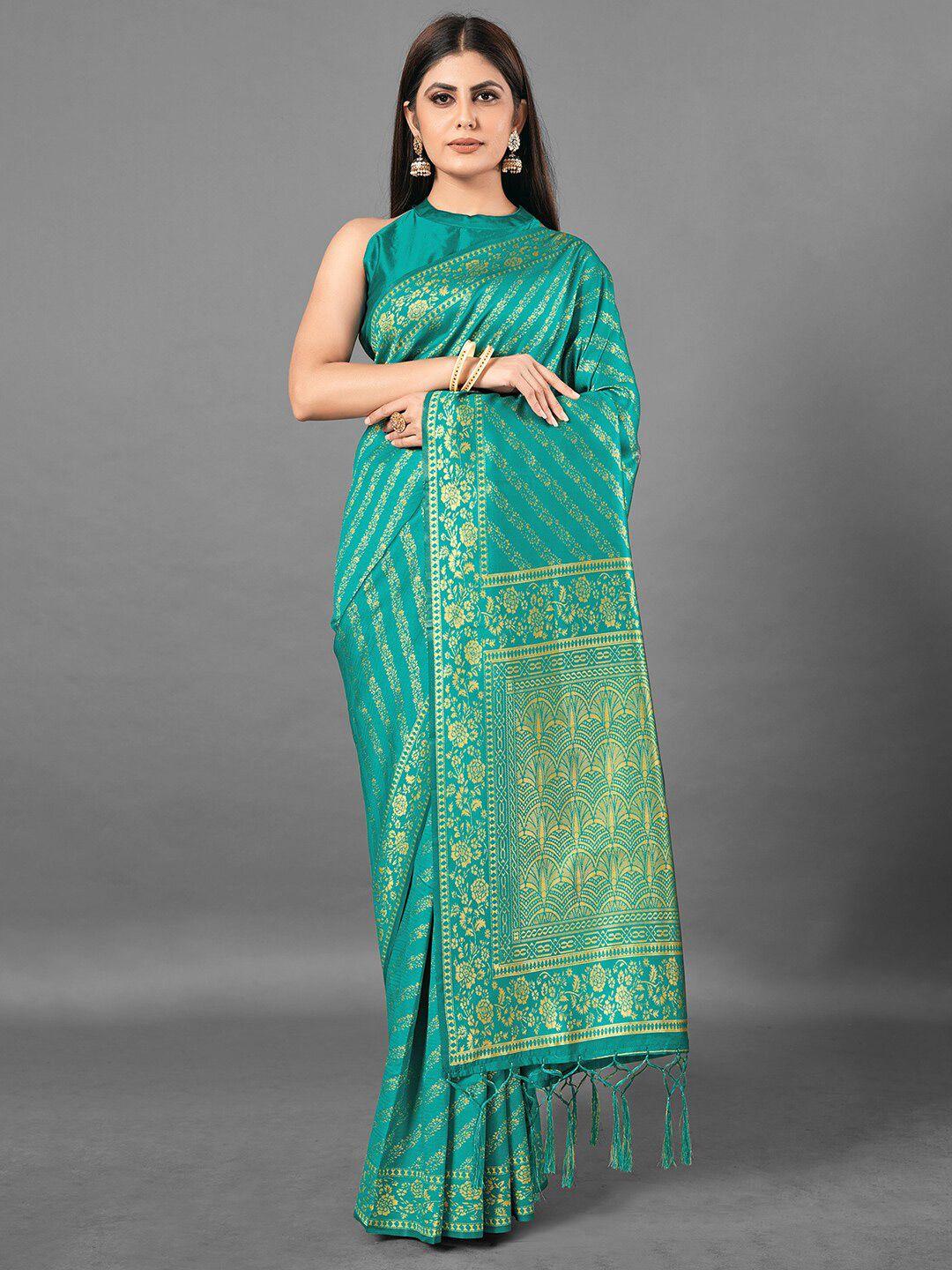 mitera sea green & gold-toned woven design zari silk blend banarasi saree