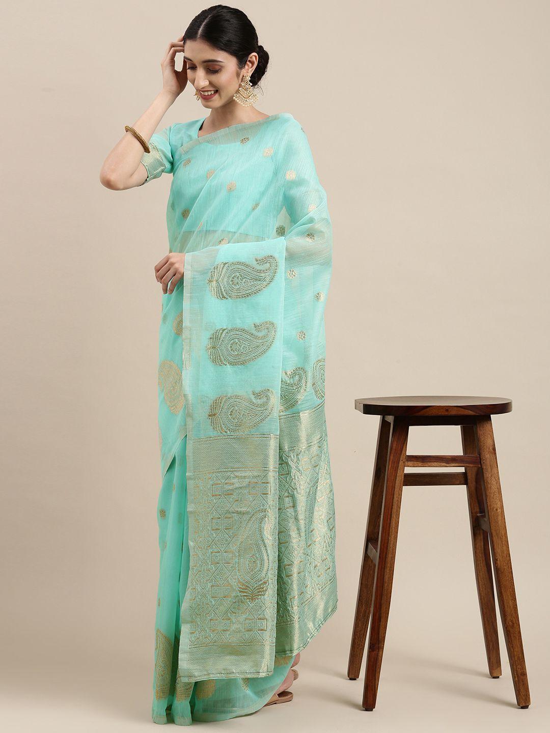 mitera sea green & golden paisley linen blend banarasi saree