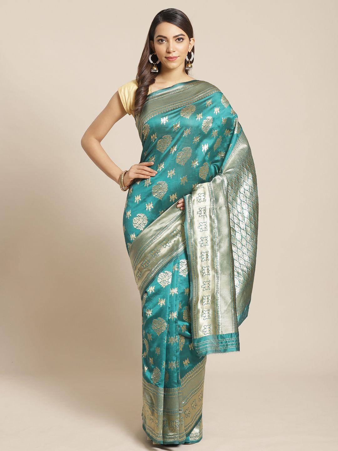 mitera sea green & golden woven design banarasi saree