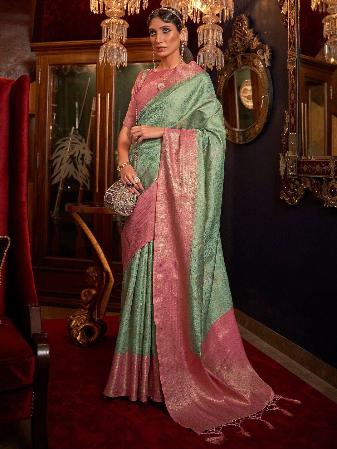 mitera sea green & peach-coloured floral zari silk blend banarasi saree