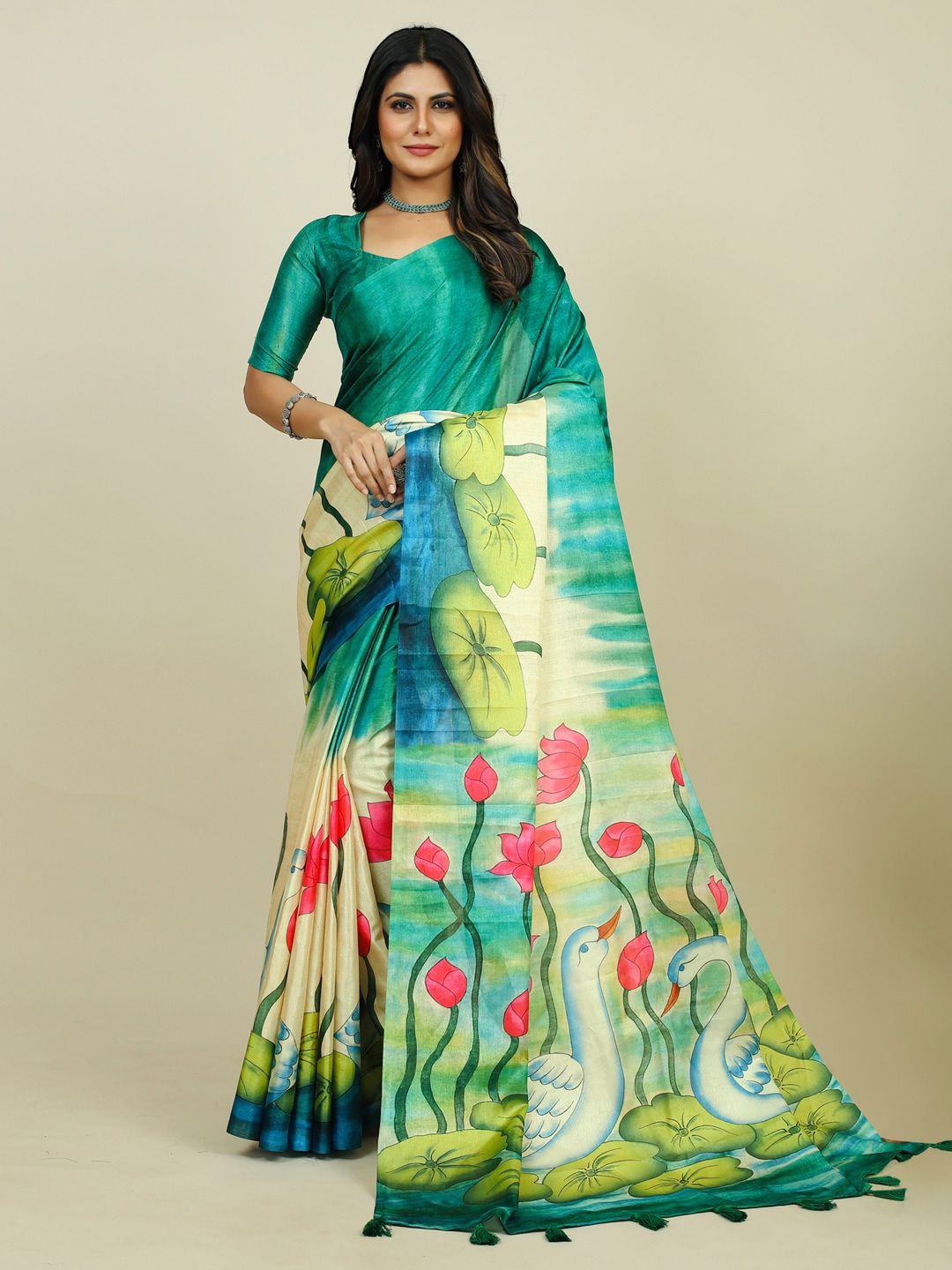 mitera sea green & red floral printed dabu saree