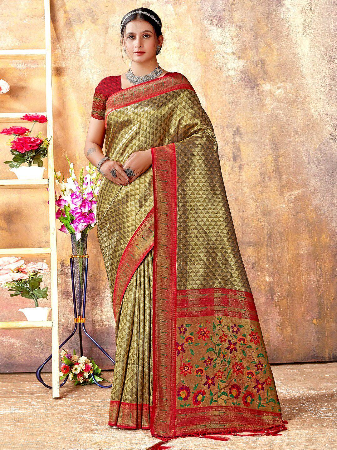 mitera sea green & red woven design zari silk blend kanjeevaram saree