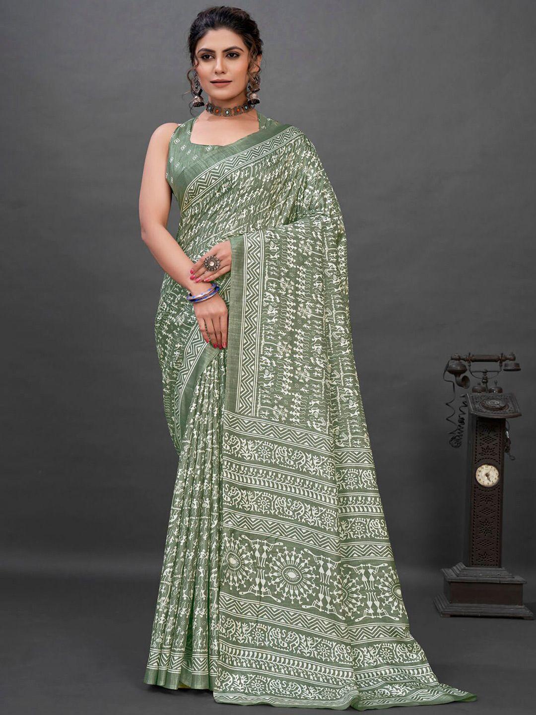 mitera sea green & white warli bagru saree