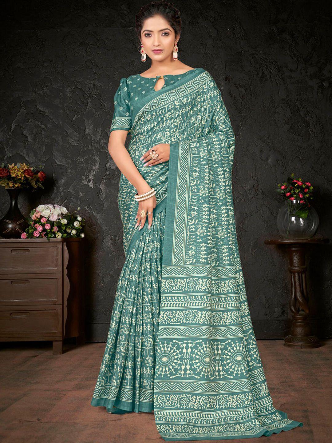 mitera sea green & white warli bagru saree