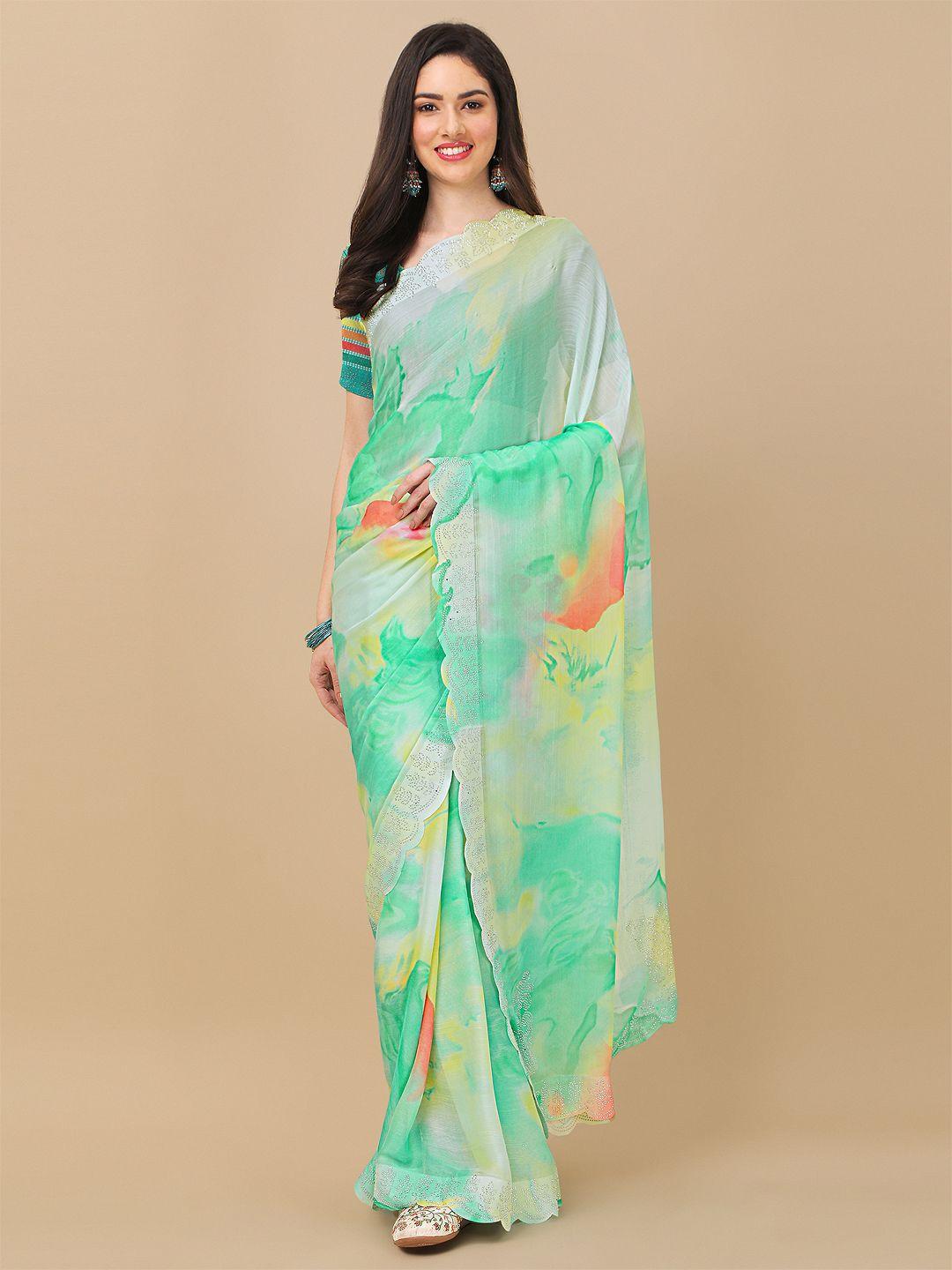 mitera sea green & yellow tie and dye beads and stones saree