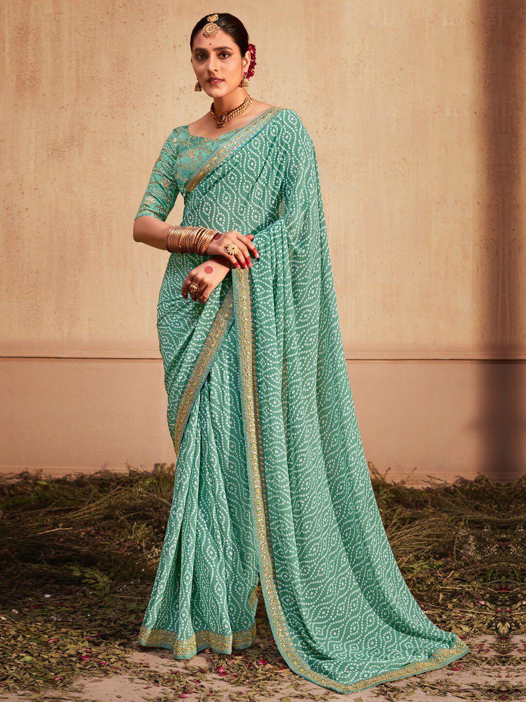 mitera sea green bandhani printed pure georgette saree