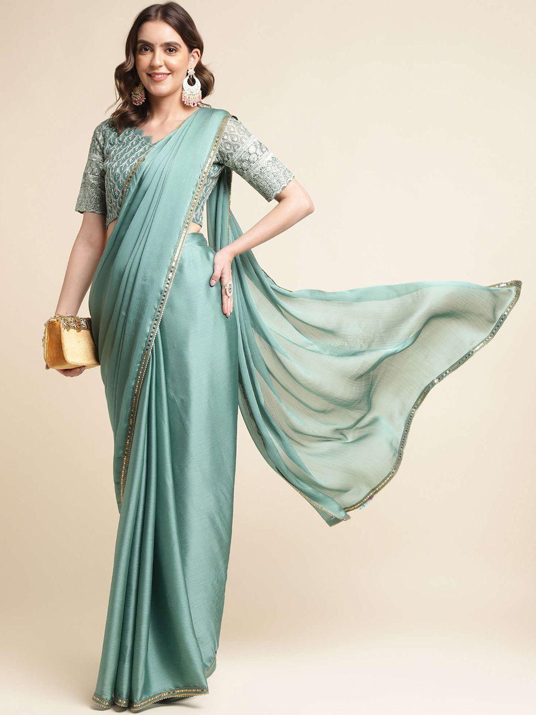 mitera sea green embellished border satin chiffon saree