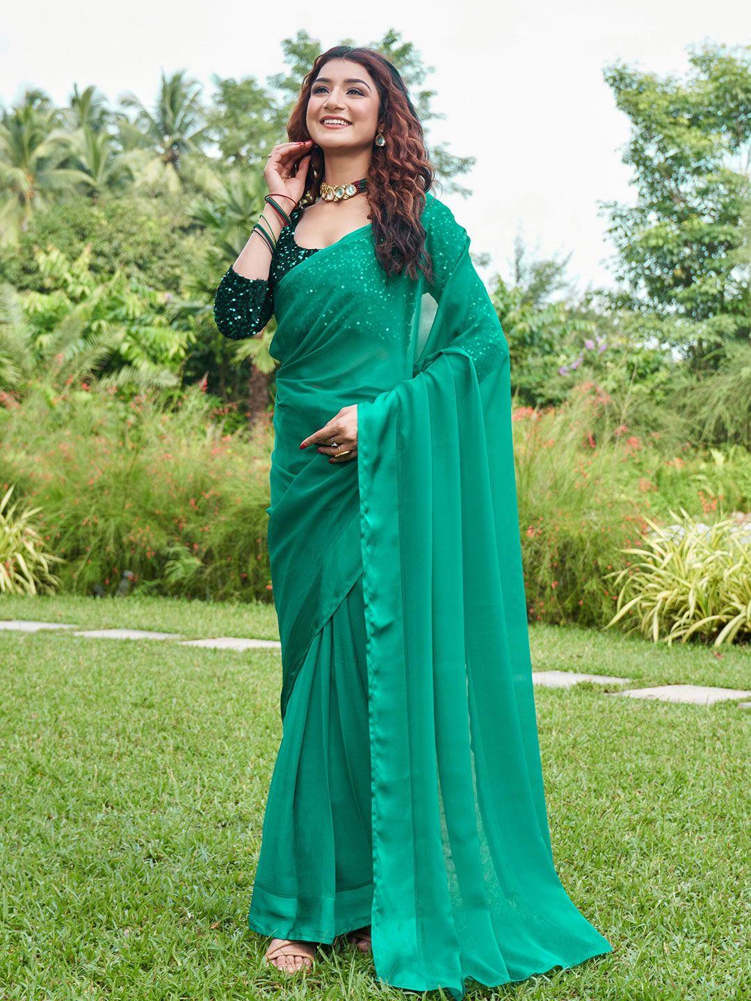mitera sea green sequinned pure chiffon saree